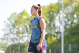 05.08.2026, München, Deutschland. Google Pixel Frauen-Bundesliga: Die FC Bayern Frauen absolvieren auf dem FC Bayern Campus eine Trainingseinheit zur Vorbereitung auf das Testspiel gegen Paris FC. Lena Oberdorf (FC Bayern Frauen)