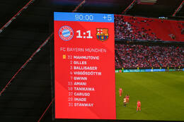Allianz Arena, München, Deutschland – 25.04.2026: Fußball, UEFA Women’s Champions League 2025/2026, Halbfinale Hinspiel, FC Bayern München Frauen vs. FC Barcelona Frauen: Endstand 1:1