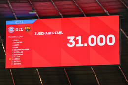 Allianz Arena, München, Deutschland – 25.04.2026: Fußball, UEFA Women’s Champions League 2025/2026, Halbfinale Hinspiel, FC Bayern München Frauen vs. FC Barcelona Frauen: Stadionbildschrim zeigt Zuschauerzahl (31.000)