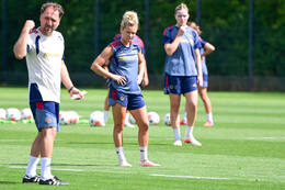 19.08.2026, München, Deutschland. Google Pixel Frauen-Bundesliga: Die FC Bayern Frauen absolvieren auf dem FC Bayern Campus eine Trainingseinheit vor dem Bundesliga-Saisonauftakt gegen den 1. FC Union Berlin. Linda Dallmann (FC Bayern Frauen)